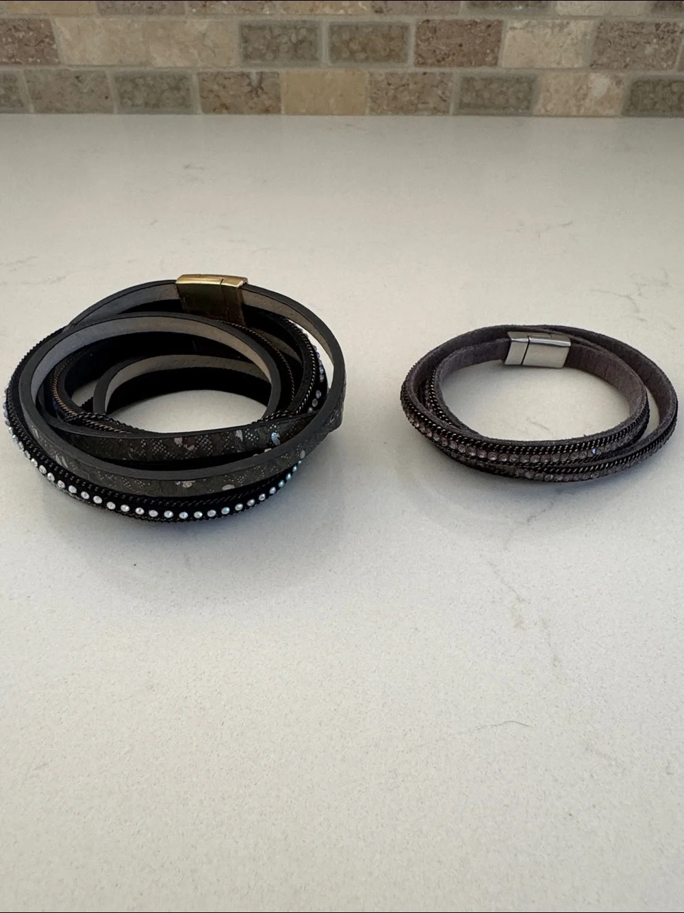 Layered Black & Grey Wrap Bracelets with Iridescent Rhinestones NWOT